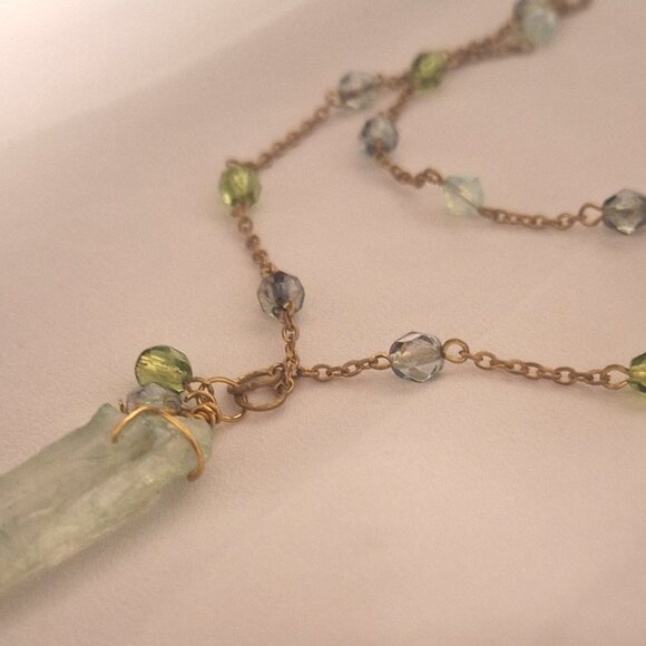 Artisan Double Strand Gold Chain Green Crystal Quartz Necklace - Picture 4 of 5
